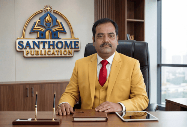 Dr. Ravi Kant Hardenia sitting at desk with Santhome Publication Logo on wall
